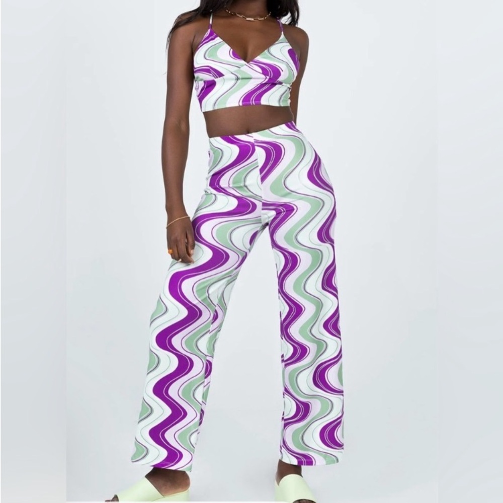 New! 2pc Princess Polly Gigi Set Pants and‎ Top White Purple Green Size 2 NWT
